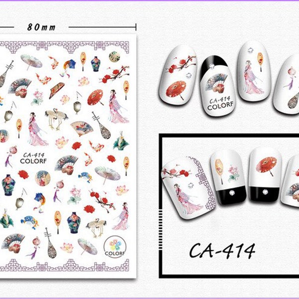 Nail art 3D stickers decal Fan sakura red fish vase birds Japanese girl CA414