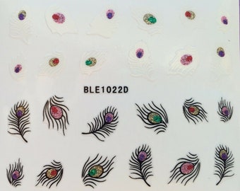 Nail Art 3D Glitter Decal Stickers Purple Black Peacock Feathers BLE1022D
