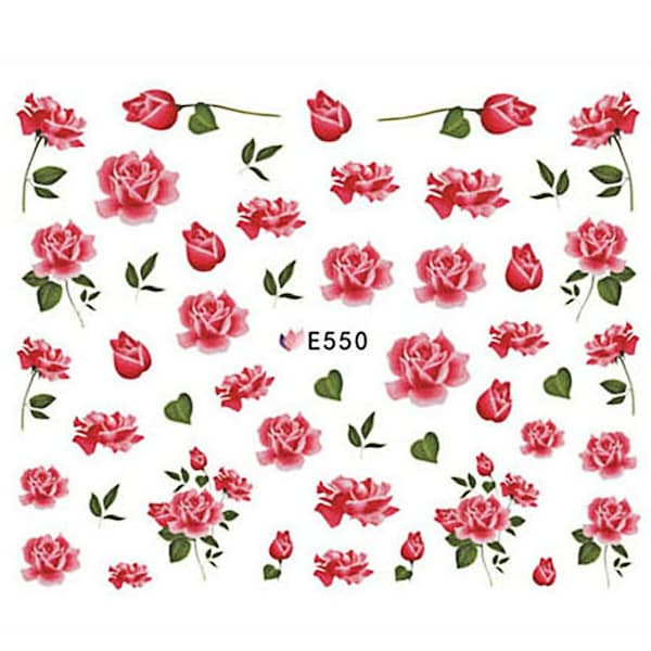 Nail Art 3D Decal Stickers pink rose buds green leaves E550