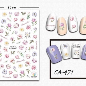 Nail art 3D stickers decal white pink blue flowers green leaves romantic CA471