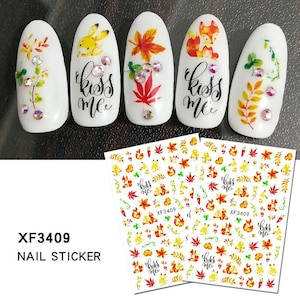 Nail Art 3D Decal Stickers beautiful autumn yellow cartoon fox bunny XF3409