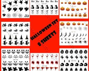 Juego de pegatinas de transferencia de agua para decoración de uñas, Halloween, esqueleto, calabazas, sangre, 8 piezas