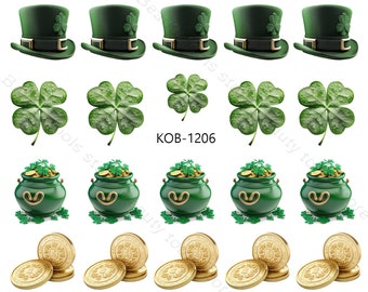Etiqueta engomada de la transferencia de agua del arte del clavo KoB-1206 de la moneda de oro del sombrero verde del día de San Patricio
