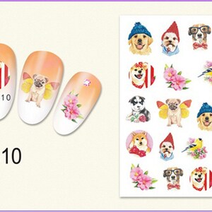 Nail Art 3D Décalcomanies Autocollants Drôle de chien en chapeau fleur rose patte de chien E610