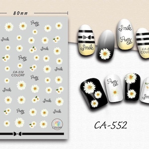 Nail art 3D stickers decal white and yellow daisies smile pretty CA552