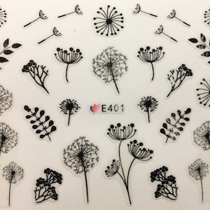 Nail Art 3D Decal Stickers Black Sketch Dandelion Flowers E401