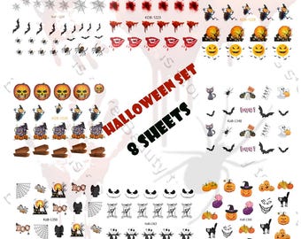 Juego de pegatinas de transferencia de agua para decoración de uñas, Halloween, esqueleto, calabazas, sangre, 8 piezas