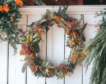 Dried Australian native floral front door wreath Easter Holidays preserved wild flowers Australiana home decorations rustic woodland