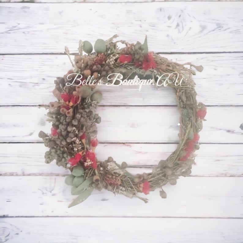 Fresh flower Eucalyptus Wreath with gumnuts and blossoms