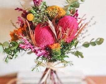 Pink Australian Native Bouquet Dried Flower Arrangement Wedding Bridal Flowers Bunch Banksia Flora Natural Floral Home Décor Dry Australiana