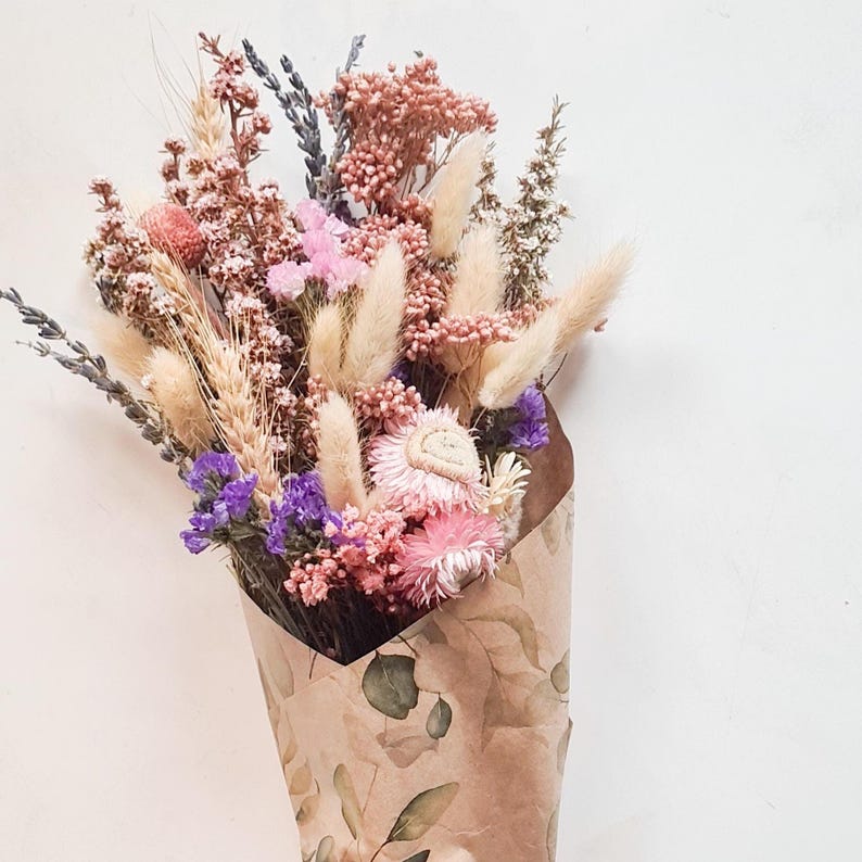 Rustic Dried flower bouquet in soft pink, lilac and neutral tones
