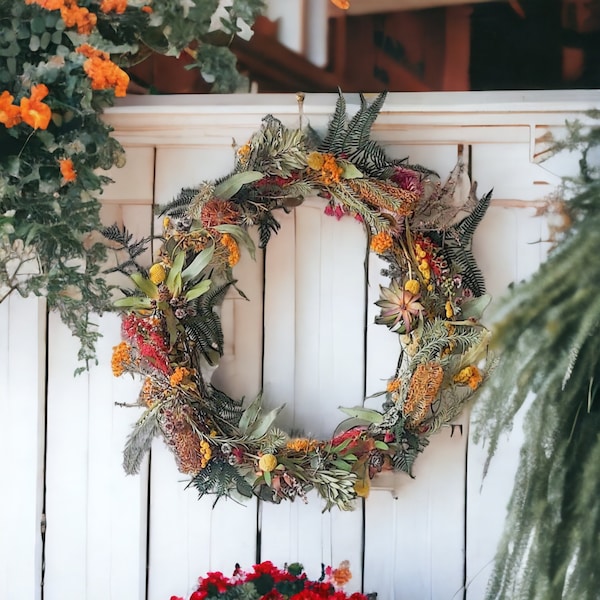 Dried Australian native floral front door wreath Christmas Holidays preserved flowers wedding Australiana home decorations rustic woodland