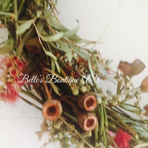 Close up of Rustic Eucalyptus Wreath with gumnuts