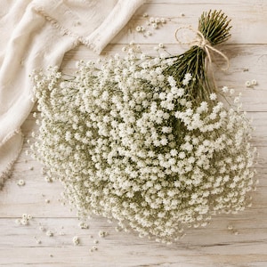 Dried baby's breath bouquet styled on a rustic linen and timber background, showcasing delicate white flowers for wedding décor and farmhouse home styling.