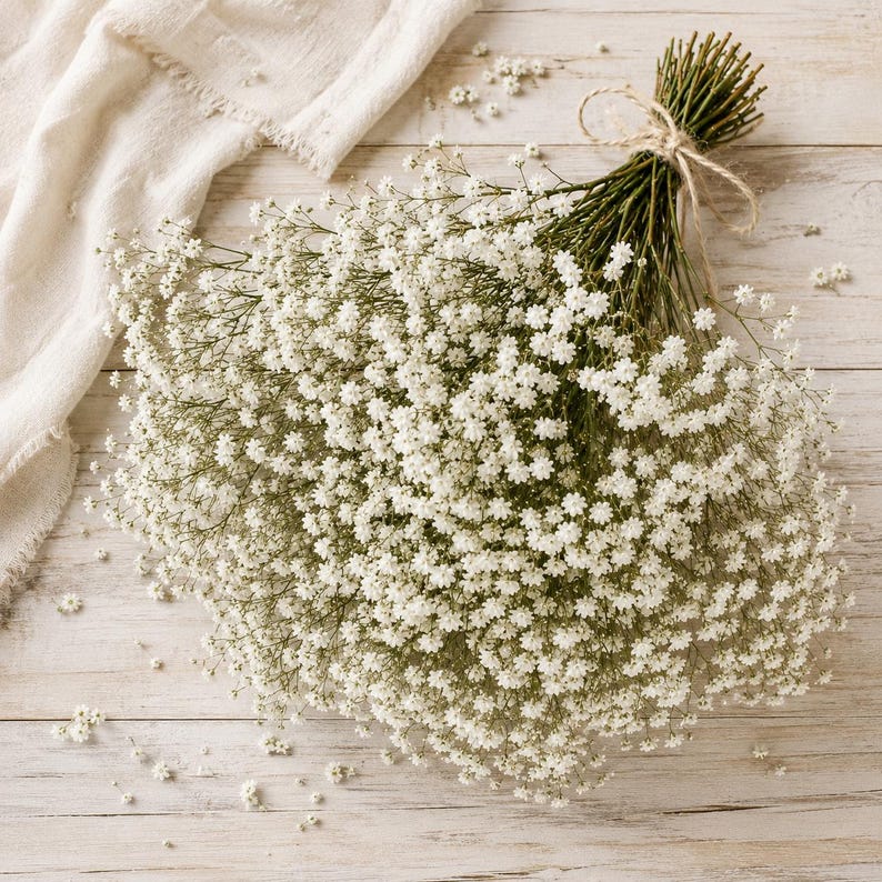 Dried baby's breath bouquet styled on a rustic linen and timber background, showcasing delicate white flowers for wedding décor and farmhouse home styling.