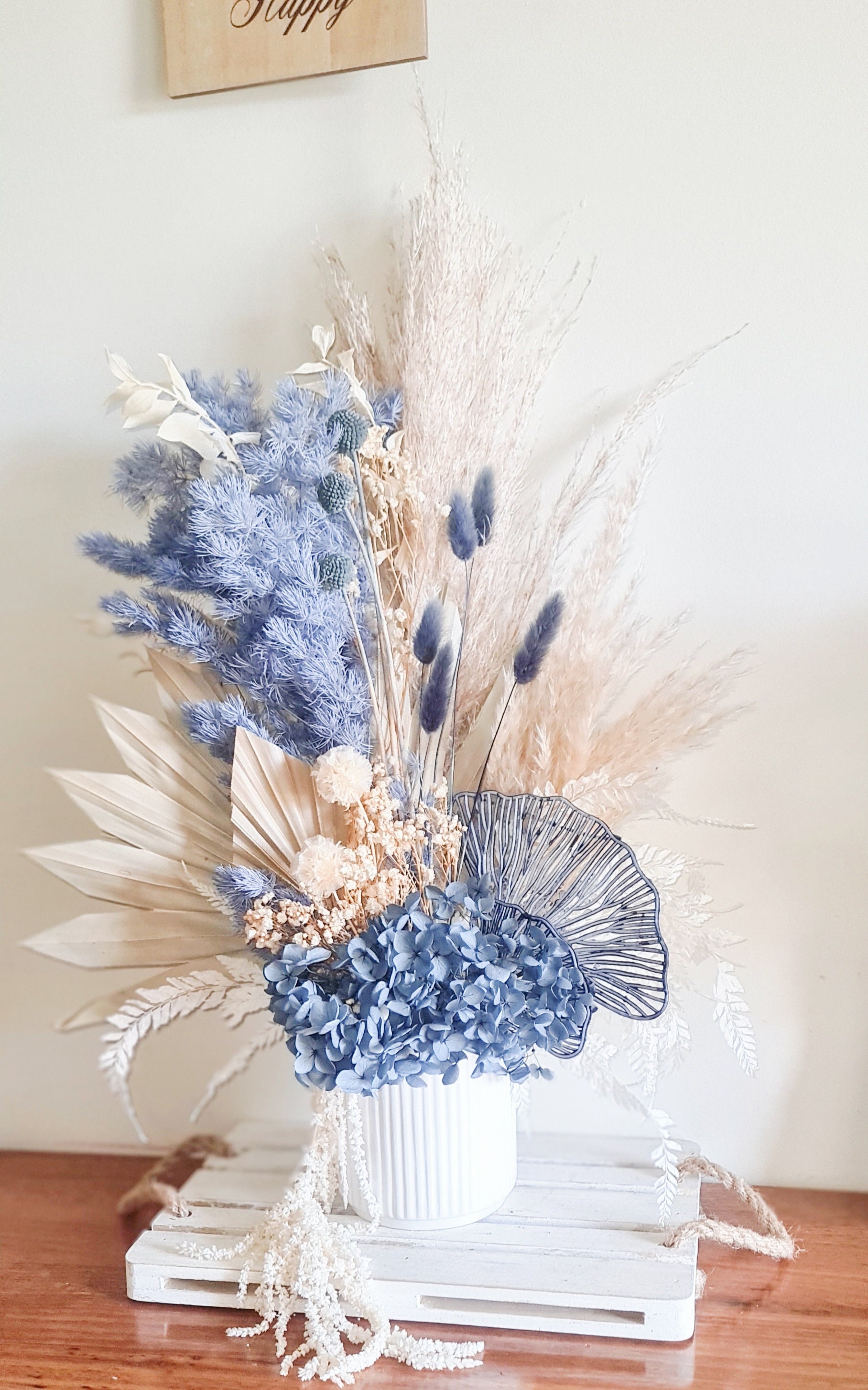 Navy Blue White Preserved Flower Arrangement in Vase Dried Florals