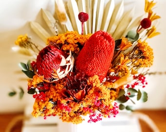 Red Australian native preserved flowers arrangement in vase palm banksia colourful dried floral everlasting flora home wedding décor gifts