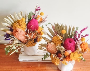 Australian native preserved flowers arrangement in vase palm pink banksia colourful dried floral everlasting flora home wedding décor gifts