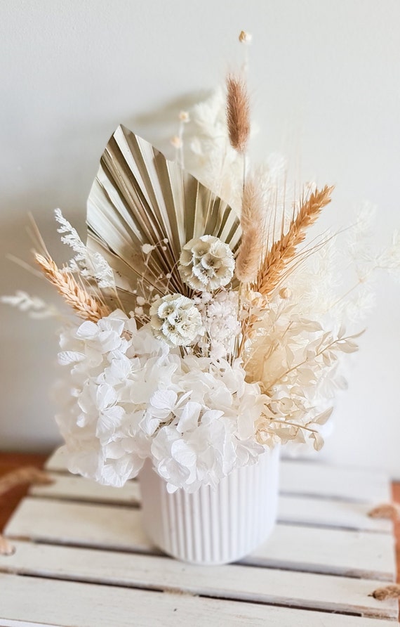 Neutral White Beige Preserved Flower Arrangement in Vase Dried