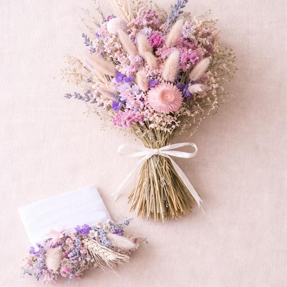 Rustic Dried flower bouquet pink lilac everlasting flowers preserved bridal posy boho wedding florals arrangement whimsical gift for her
