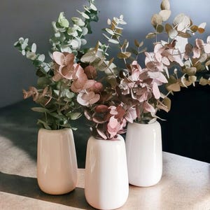 May include: Three white ceramic vases hold eucalyptus branches with green, pink, and brown leaves. The vases have a rounded shape and are arranged on a light-colored surface, creating a simple, elegant display.