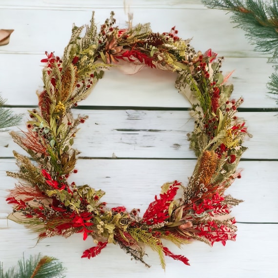 Dried Australian native floral front door Christmas Holiday wreath preserved flowers wedding Australiana home decorations rustic woodland
