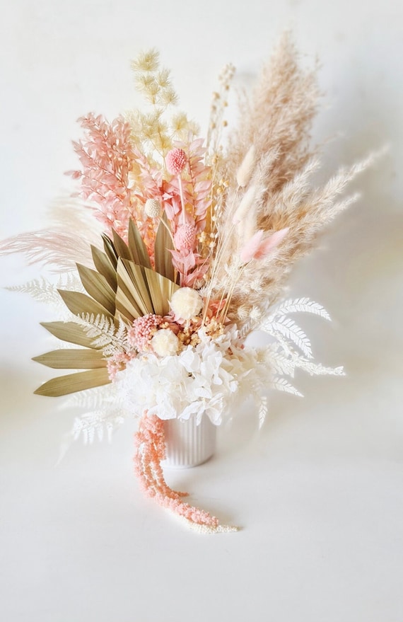 pastel pink and white preserved floral arrangement in vase dried flowers everlasting bouquet natural home wedding décor gifts dry pampas
