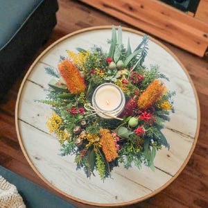 Australian Native Flower Candle Ring Dried or Fresh Floral Arrangement Eucalyptus Centrepiece Wreath Rustic Easter Holiday Table Decor