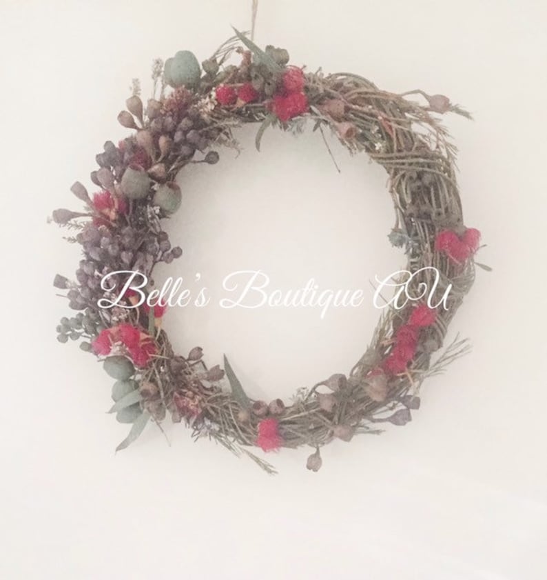 Rustic Eucalyptus Wreath featuring Australian Native Gumnuts and Blossoms