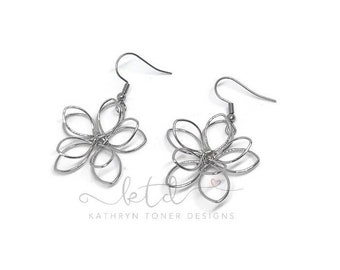 Flower Earrings- wire wrapped Earrings- 3 dimensional- stainless steel- silver tone earrings- wire wrapped flower- valentines day gift