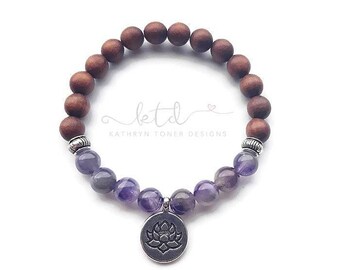 Amethyst bracelet- amethyst and sandalwood bracelet- stacking bracelet, mala bracelet- healing gemstones- gift for her- crystal healing