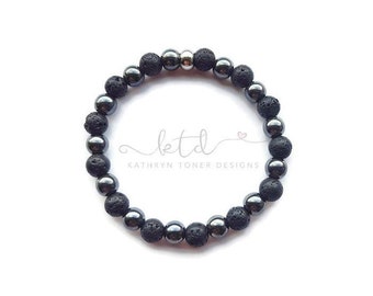 Mens diffuser bracelet- mens hematite and lava bracelet- mens mala bracelet- fathers day gift- gift for him- mens bracelet- aromatherapy