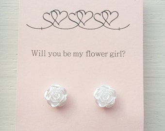 Flower girl proposal- Flower girl earrings- flower girl gift wedding jewelry-mother of pearl earrings- flower girl thank you- rose studs