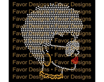 May include: Black and white rhinestone design of a woman's face with an afro hairstyle. The design is outlined in gold rhinestones and has red rhinestones for the lips. The design is on a black background.