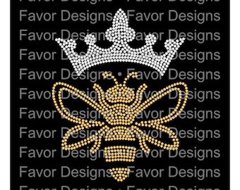 May include: A gold and white rhinestone design of a bee wearing a crown. The design is on a black background. The text "Favor Designs" is repeated around the design.