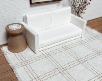 Dollhouse Miniature Rug, Beige Plaid Carpet, 1:12 Scale