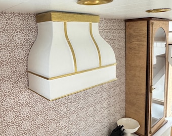 Miniature Oven Hood 1:12 Scale, Dollhouse Kitchen Range Hood, White and Gold Farmhouse Decor, Mini Kitchen Appliance, Dollhouse Furniture