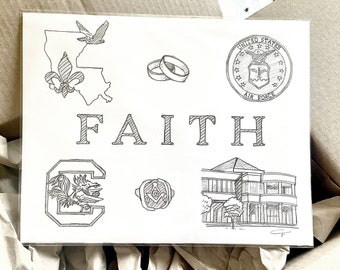 Faith Graphite Drawing on Paper, Hand Drawn Custom Pencil Art Drawing with Word and Six small Images Around It
