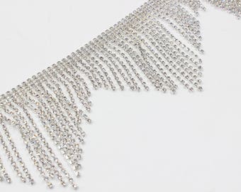 Silver Rhinestone Fringe Trim, Crystal Applique, Bridal Sash, Headband