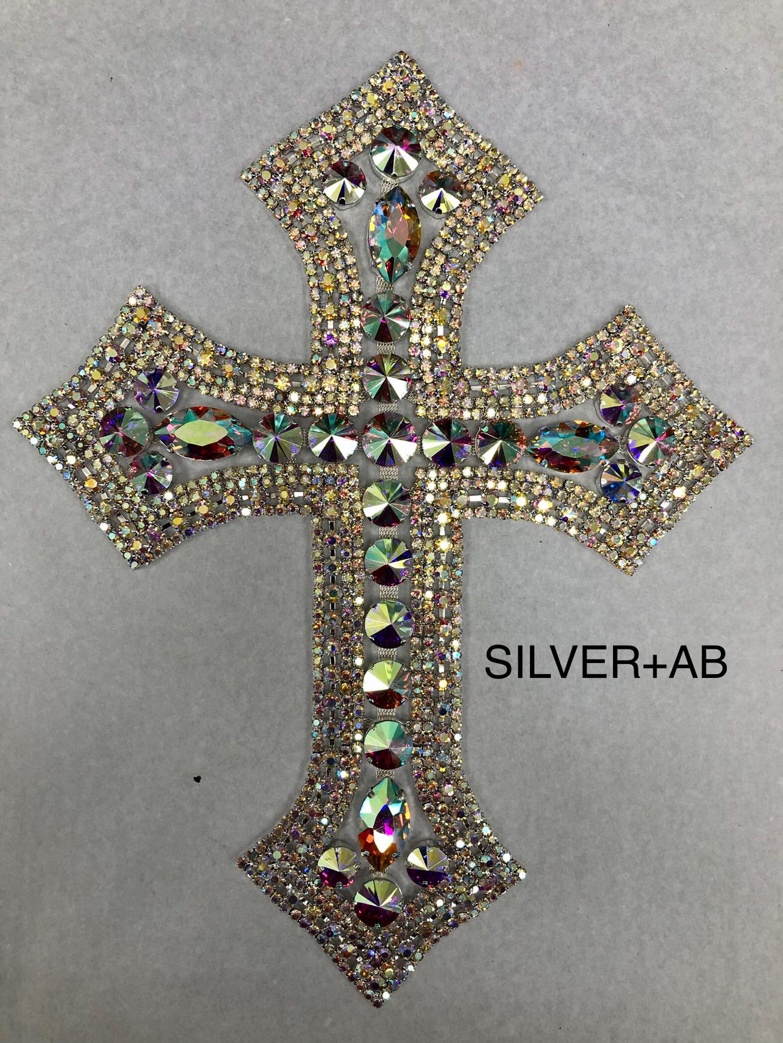 Large Rhinestone Cross Applique, Silver and Crystal (12.5x9.5