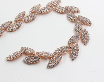 Rose Gold Rhinestone Leaf Trim, Bridal Sash Applique, 1 Yard