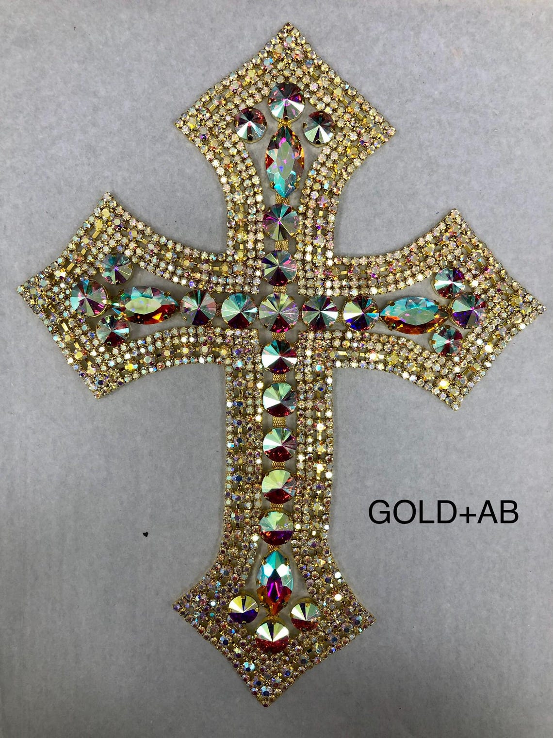 Large Rhinestone Cross Applique, Silver and Crystal (12.5x9.5