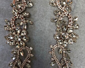 Silver Rhinestone Bridal Applique, Crystal Flower Trim (2 