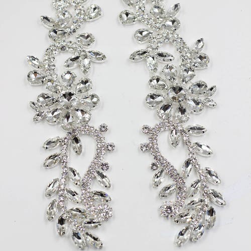 Silver Rhinestone Bridal Applique, Crystal Flower Trim (2 Piece)