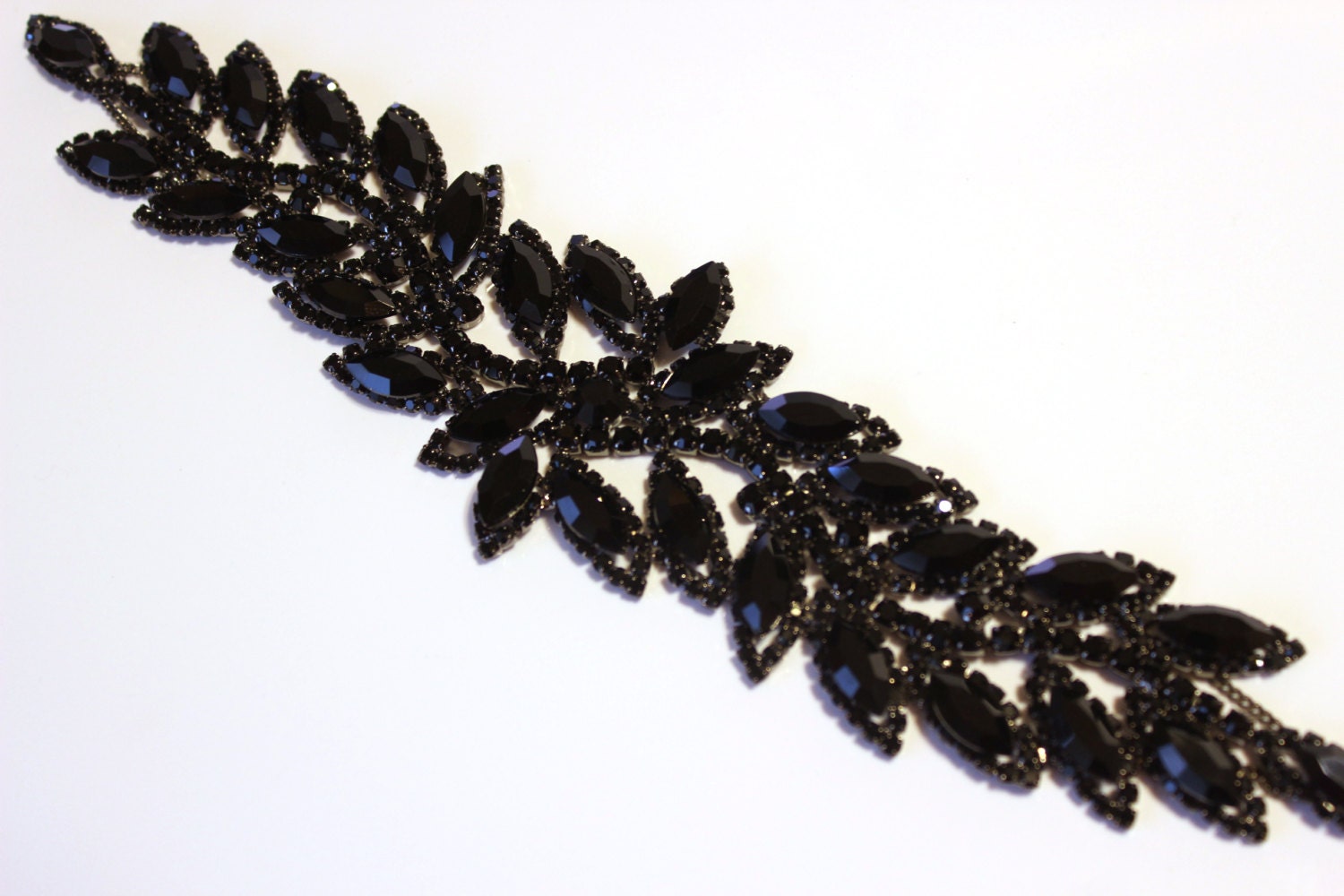 RHS-TRM-1801-BLACKBLACK. Exquisite Black Crystals and Black Beads Trim For  Bridal Sash - Hot Fix or Sew On - 2.25 Inch