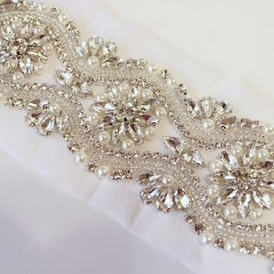 Silver bridal applique trim, Bridal Applique, pearl trim, crystal  rhinestone applique, crystal sash, bridal sash headband wedding headpiece