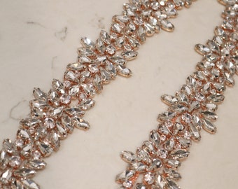 Rose Gold Crystal Rhinestone Trim, Bridal Sash Applique, 36"
