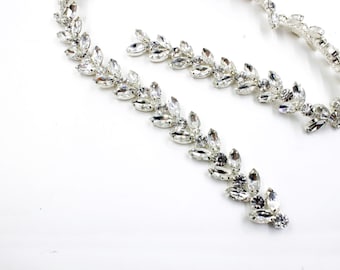 Silver Rhinestone Applique Trim, Bridal Sash, Headband, 1 Yard