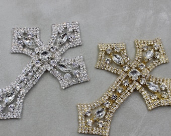 Garniture de croix argentée, Applique nuptiale, croix d’or, garniture en strass, applique en strass, ceinture en cristal, ceinture nuptiale, bandeau de mariage