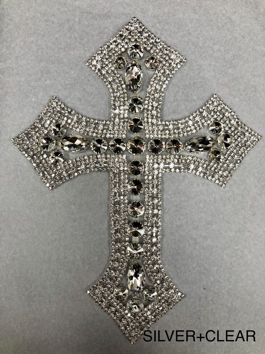 Large Rhinestone Cross Applique, Silver and Crystal (12.5x9.5